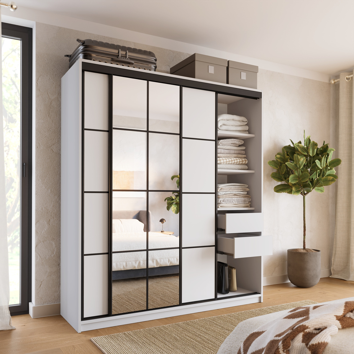 Biała nowoczesna szafa przesuwna z lustrem 180 cm EDGE