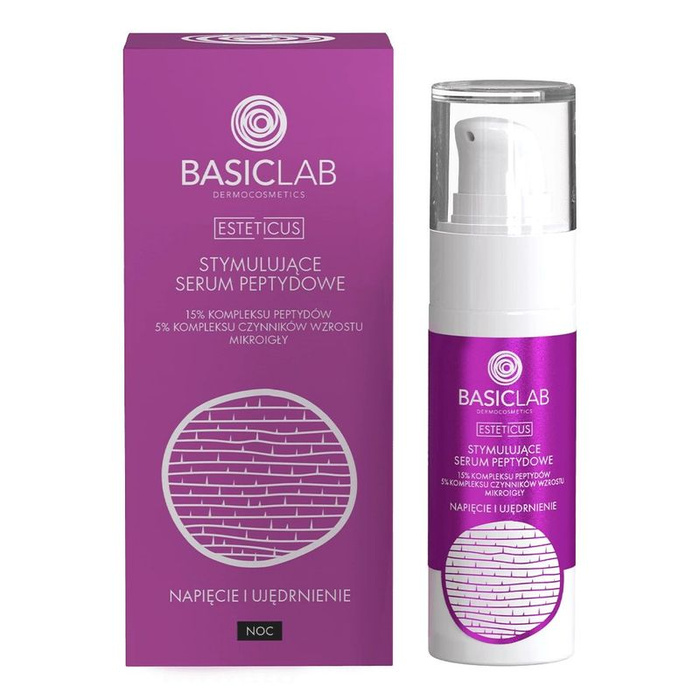 BasicLab Stymulujące Serum peptydowe 15 % peptydów, 5% kompleksu czynników wzrostu, mikroigły, Napięcie i Ujędrnienie, 30 ml