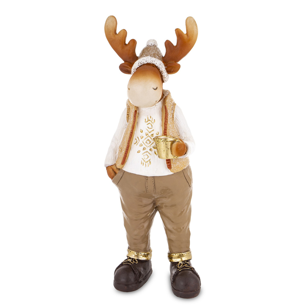 Figurka Renifer ON, biała bluza, brązowa kamizelka z kubkiem w czapce 33 cm
