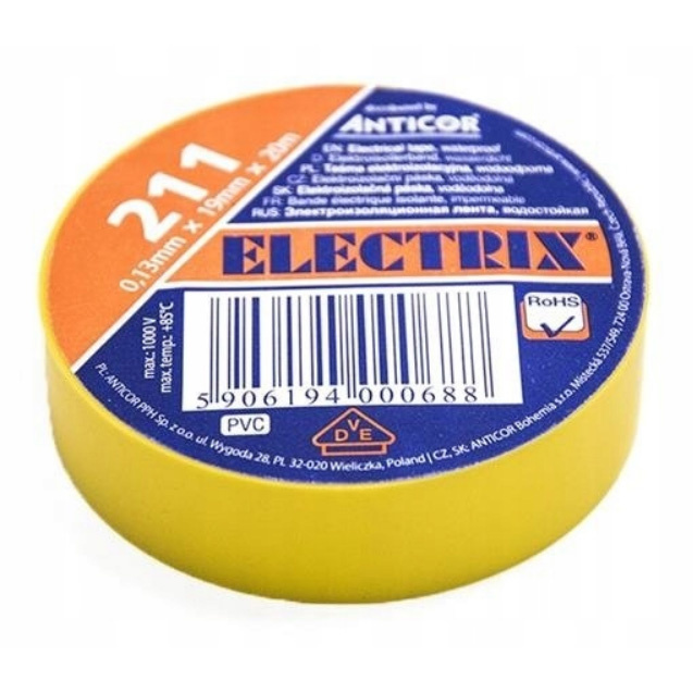 Taśma izolacyjna ELECTRIX 211 20mb 19mm Żółta