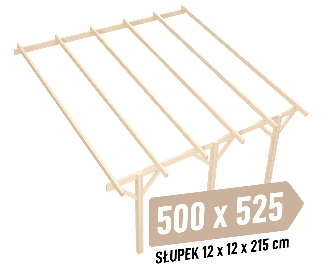 Wiata KVH Sucha Premium - 500 x 525 cm - słupki 12x12x215 cm garażowa przyścienna - zastrzał prosty