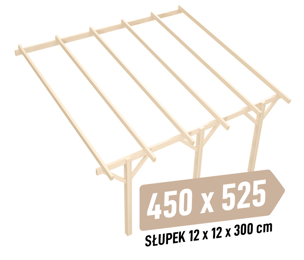 Wiata KVH Sucha Premium - 450 x 525 cm - słupki 12x12x300 cm garażowa przyścienna - zastrzał prosty