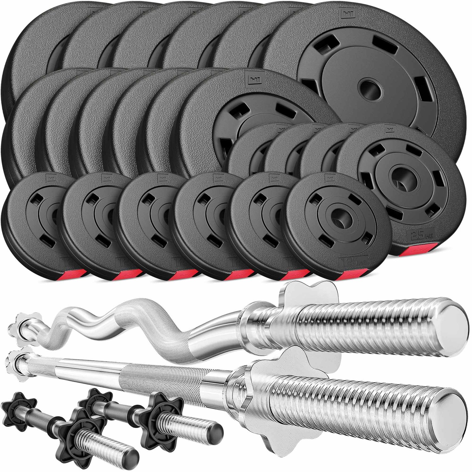 Set d’haltères en plastique 125 kg avec barre de musculation longue, barre Curl EZ et barres courtes