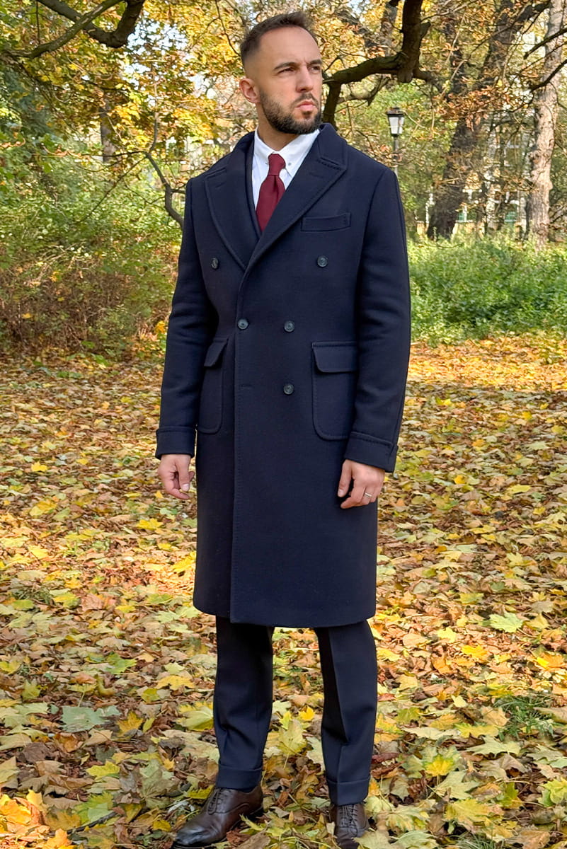 Płaszcz Ulster, granatowy navy blue, wełniany , 800 g/mb