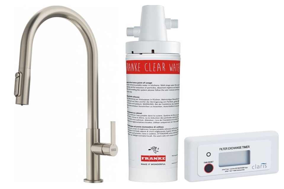 Darmowa Dostawa - Bateria kuchenna z filtrem stojąca stal Franke Maris Slim Clear Water J Pull-Out abset12237