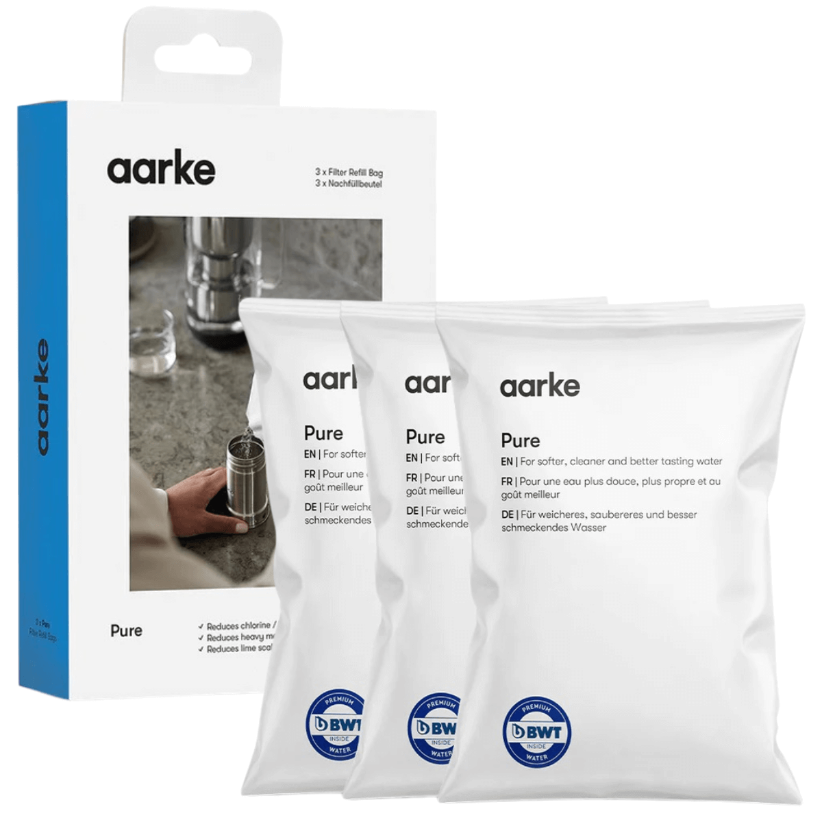 Granulki filtrujące Aarke Pure Clean + Taste. 3 saszetki z granulkami filtrującymi do dzbanka Aarke.