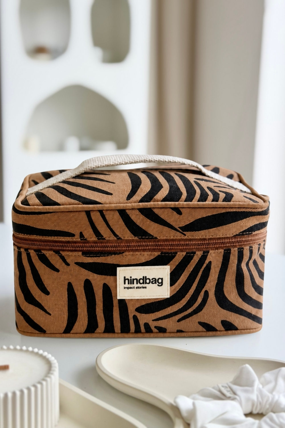 Lillow - Kosmetyczka kuferek Hindbag GASPARD - zebra cynamon - Materiał bawełna - Uszyto w Polsce