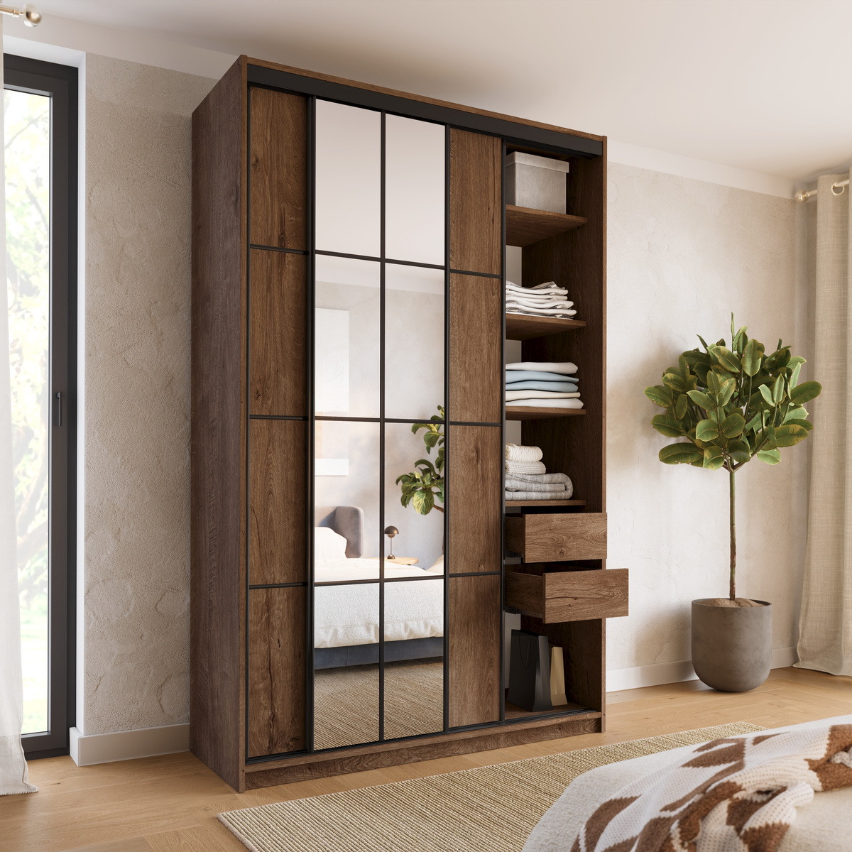 Loftowa szafa przesuwna z lustrem i szufladami 150 cm EDGE MAX