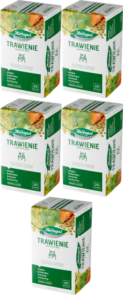 5x Herbata funkcjonalna w torebkach Herbapol, trawienie + praca wątroby, 20 sztuk x 2g
