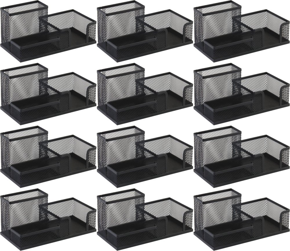 12x Przybornik na biurko Leviatan, metalowy (druciany), 3 przegrody, 205x103x98 mm, czarny