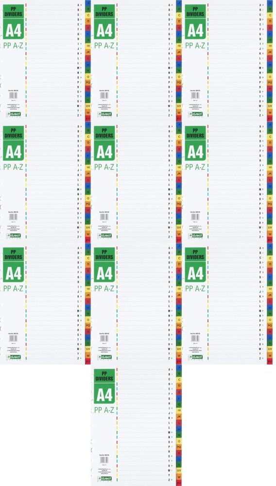 10x Przekładki do segregatora D.Rect, plastikowe, alfabetyczne A-Z, A4, 20 kart, mix kolorów