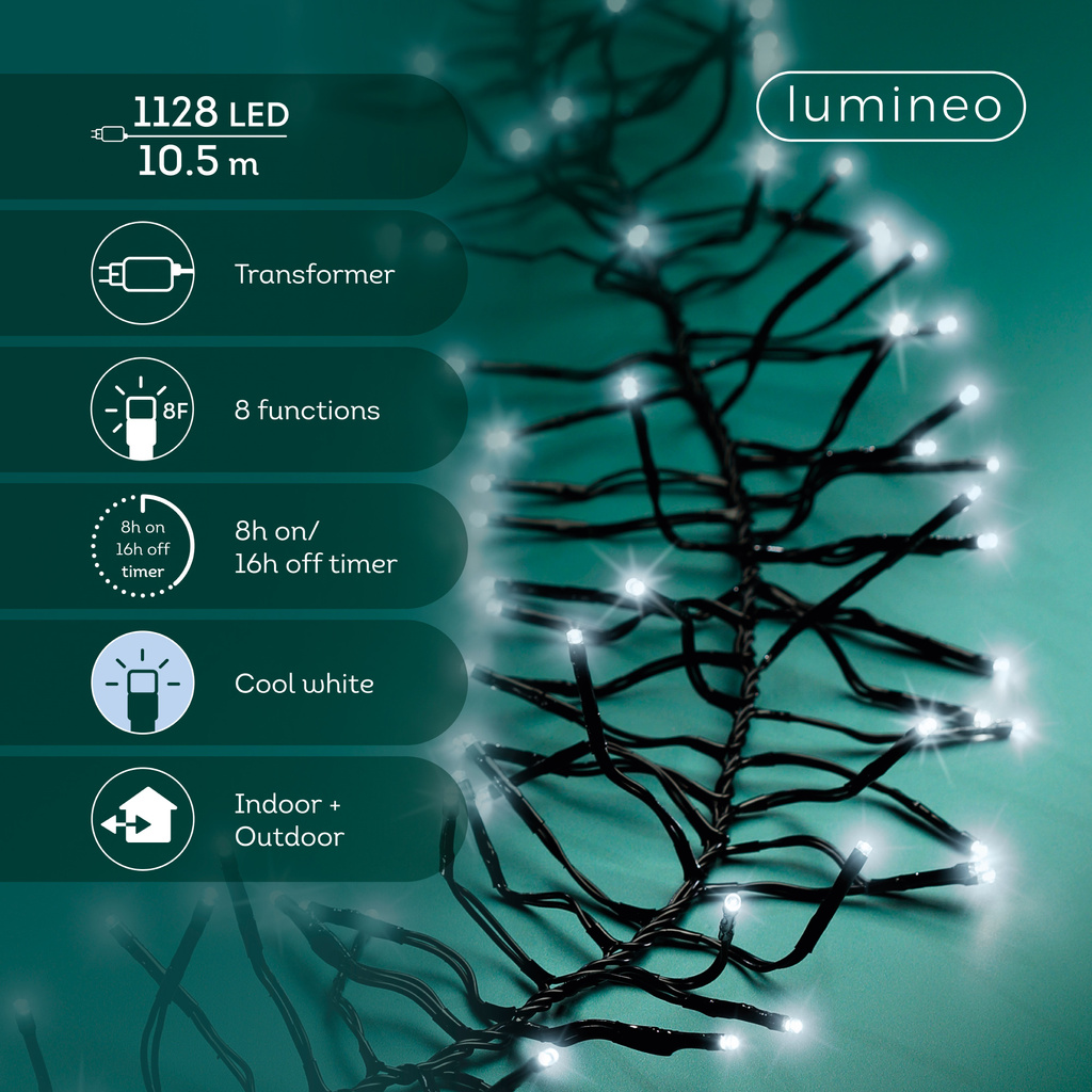 Lampki zewnętrzne/wewnętrzne cluster 1128 LED 10,5m zimny biały 8funkcji