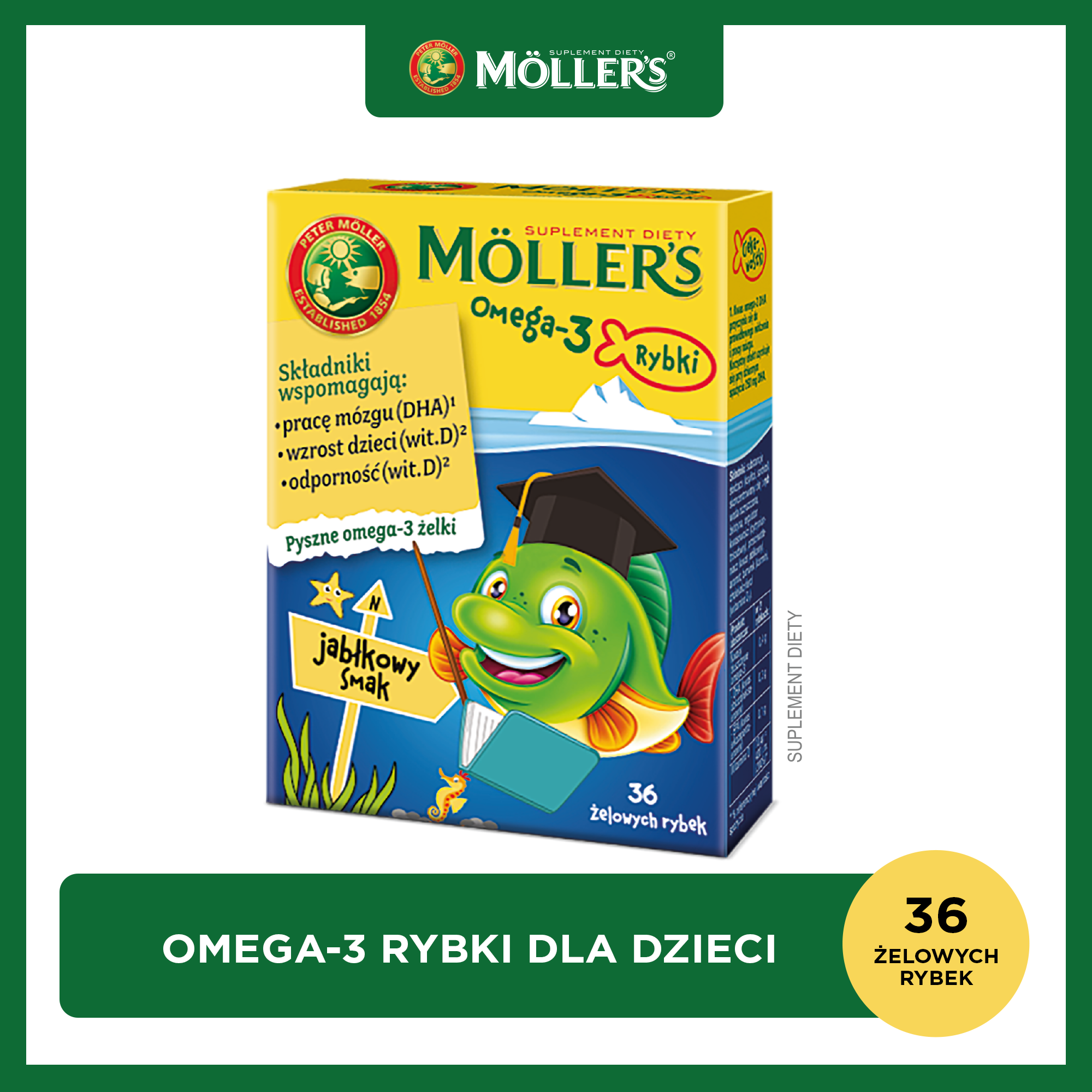 Mollers omega-3 rybki, smak jabłkowy, 36 żelowych rybek