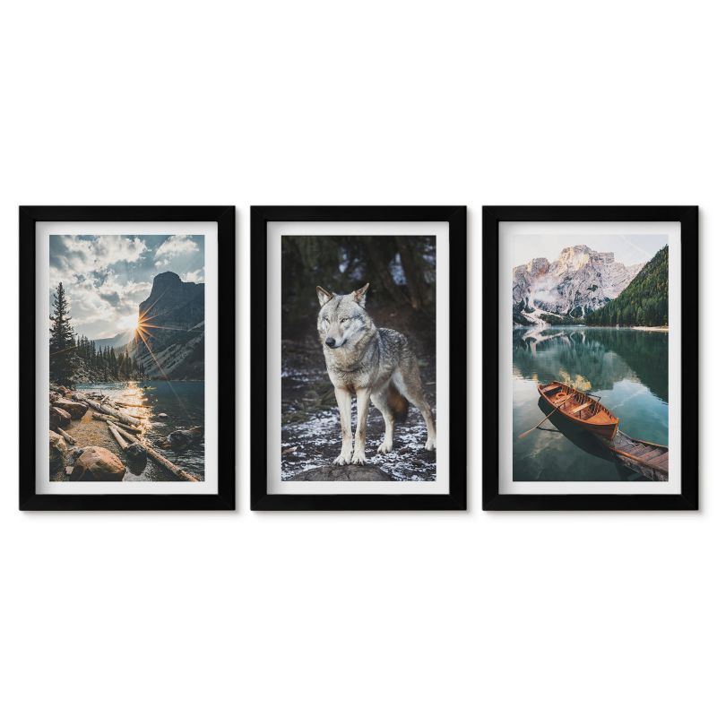 Zestaw 3 obrazów w czarnej ramie Tulup 20x30 cm Góry jeziora wilk natura Obrazy w czarnej ramie 3 szt.