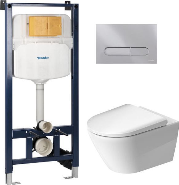 Zestaw Duravit DuraSystem stelaż podtynkowy z przyciskiem spłukującym chrom połysk i miską WC Rimless D-Neo z deską wolnoopadającą ...