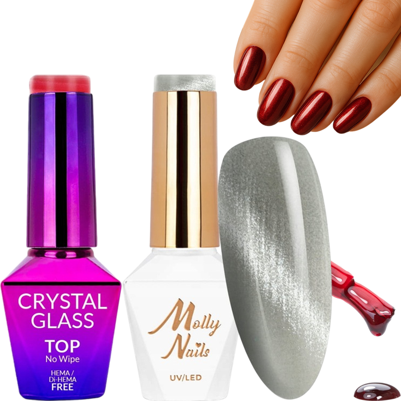 Top Crystal Glass Czerwony MOLLYNAILS 10g + Lakier Cat Eye Srebrny 8g Nr161