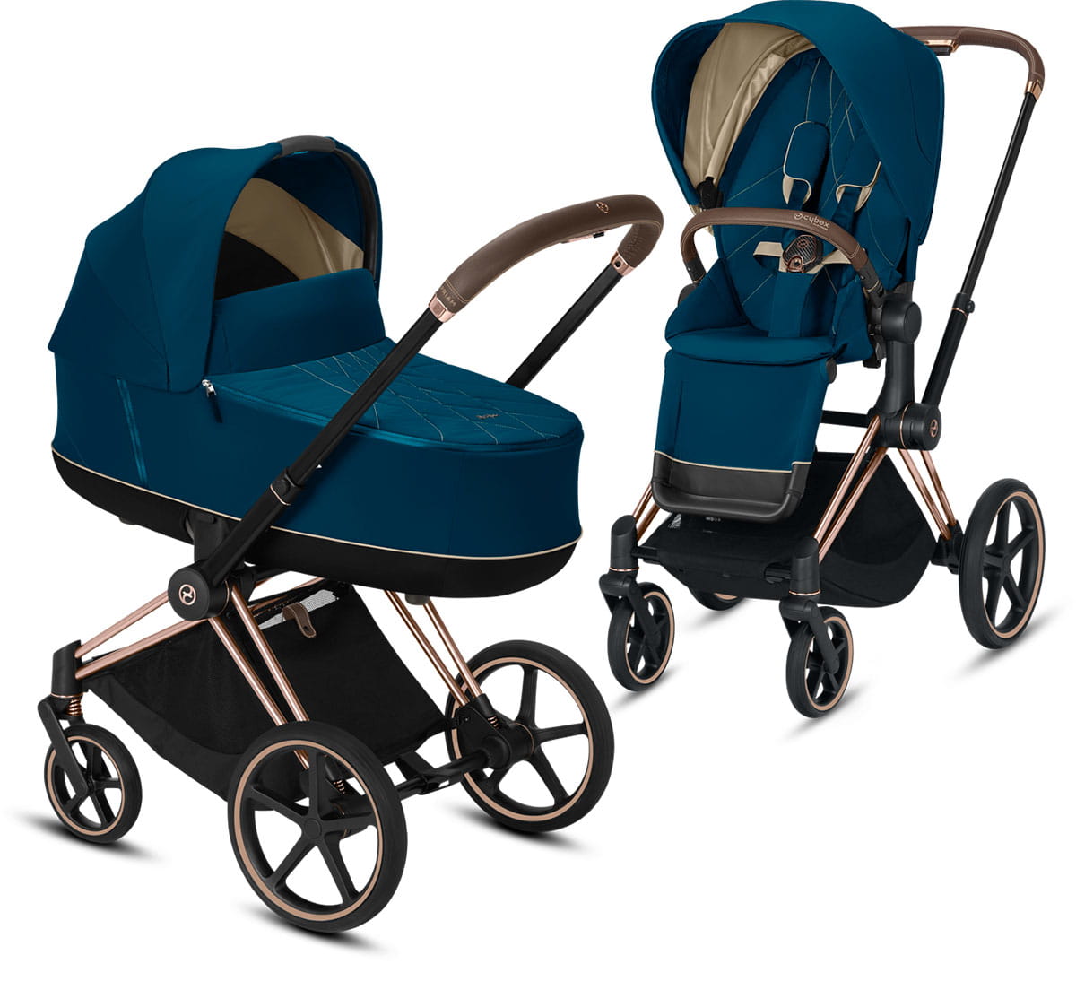 Cybex, Priam 2.0 - wózek spacerowy z gondolą Lux-Mountain Blue-Chrome z brązową rączką