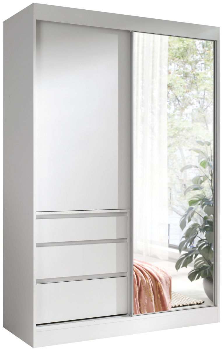 Biała szafa przesuwna z lustrem i szufladami 140 cm HORIZON