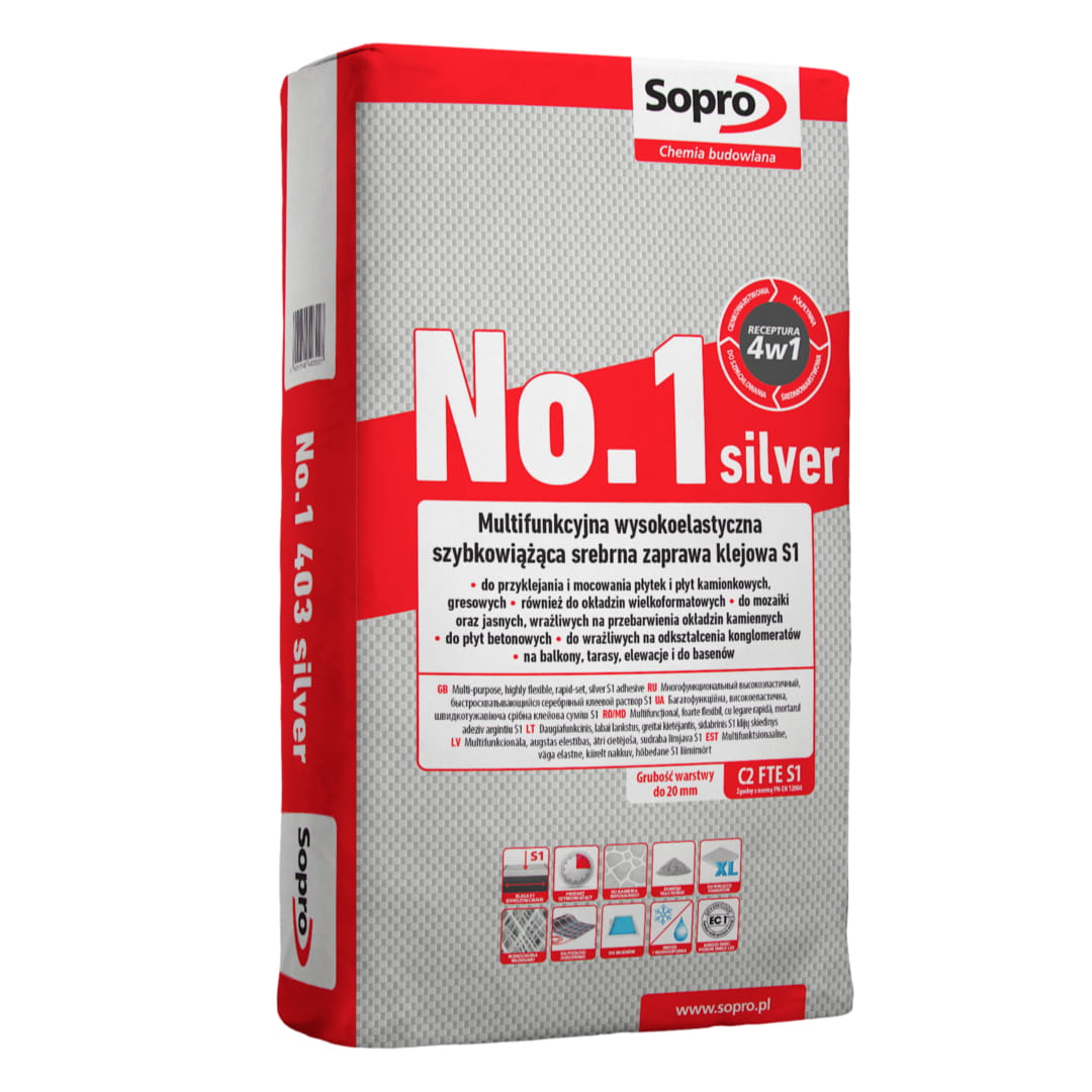 SOPRO KLEJ DO PŁYTEK NR 1 403 SILVER SZYBKOWIĄŻĄCY MULTIFUNKCYJNY 22,5KG