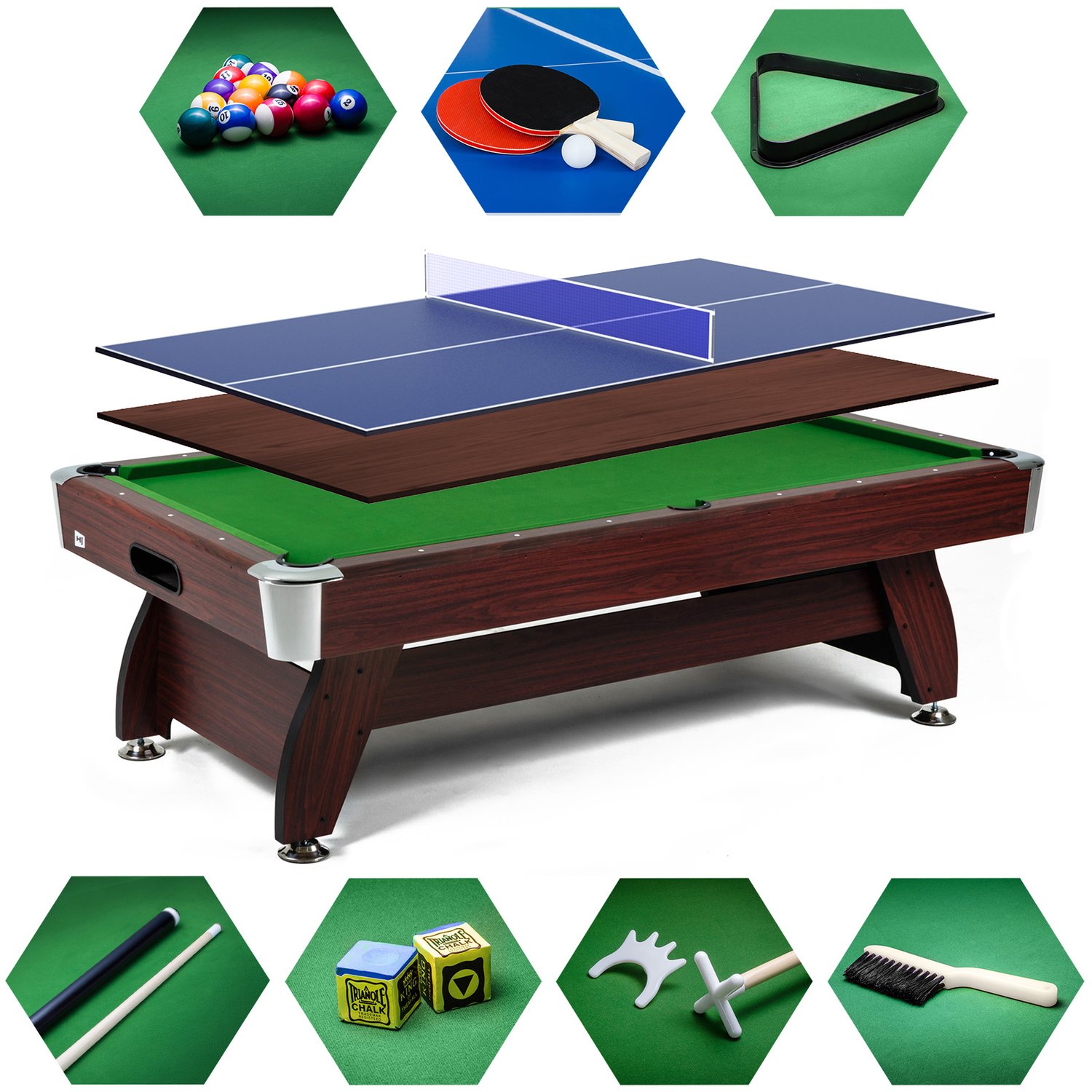 Kulečníkový stůl Vip Extra 9 FT višeň/zelený s nástavcem ping-pong/deska