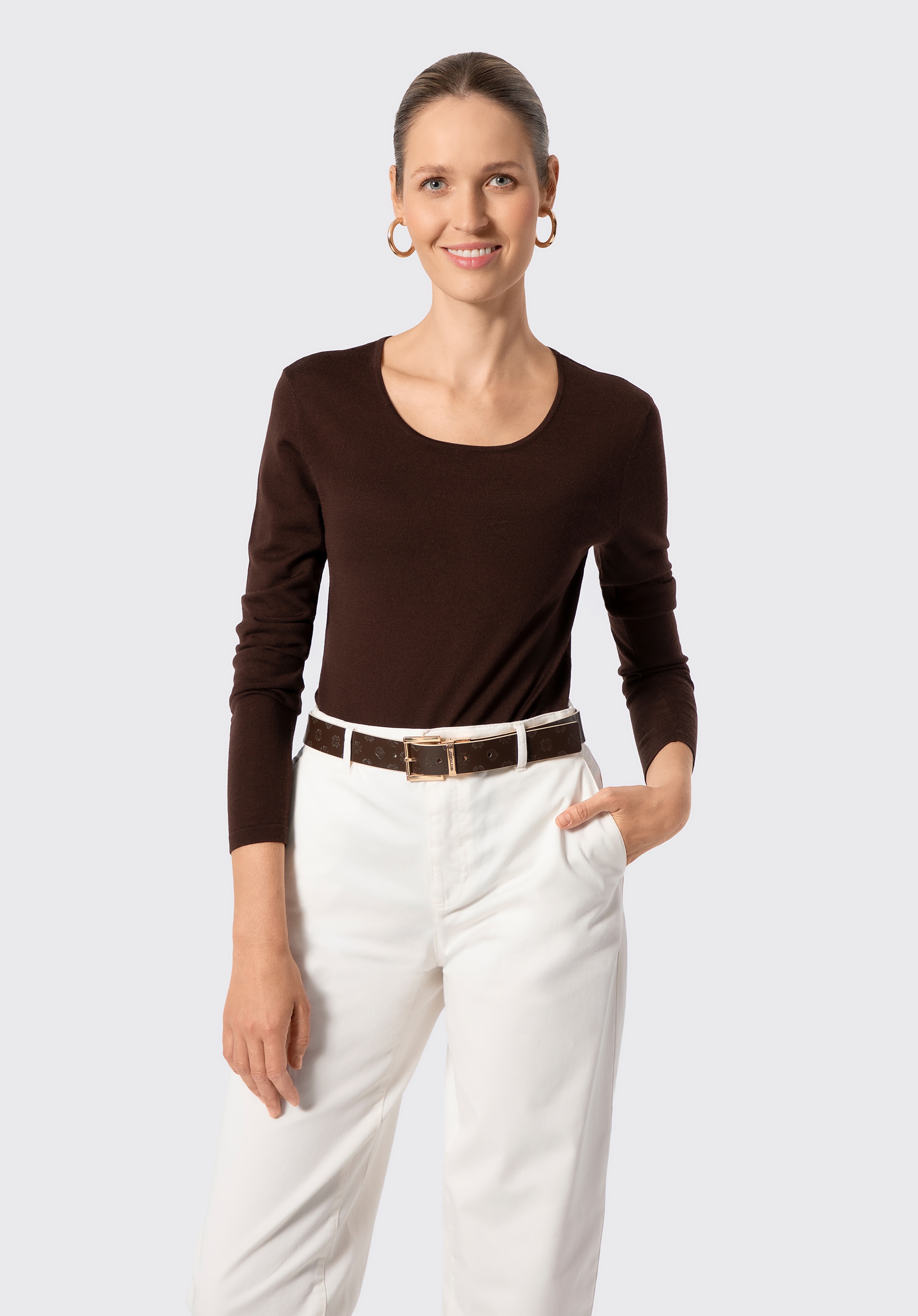 Sweter damski z wełny merino z okrągłym dekoltem ciemny brąz