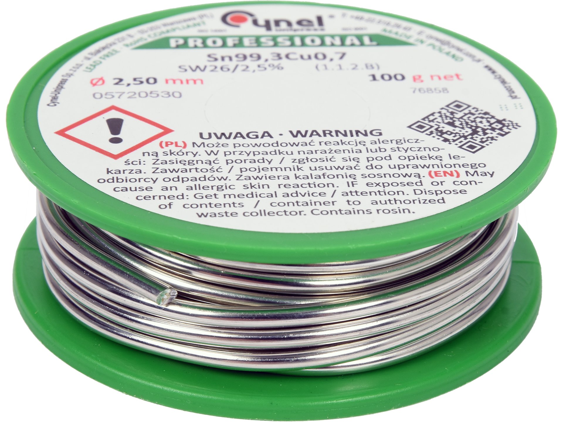 Spoiwo, drut lutowniczy bezołowiowy z topnikiem na szpuli 2,5mm, 100g, sn99,3cu0,7 76858