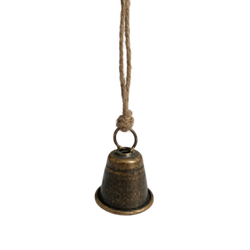 Zawieszka dzwonek metalowy złoty patyna 8 cm