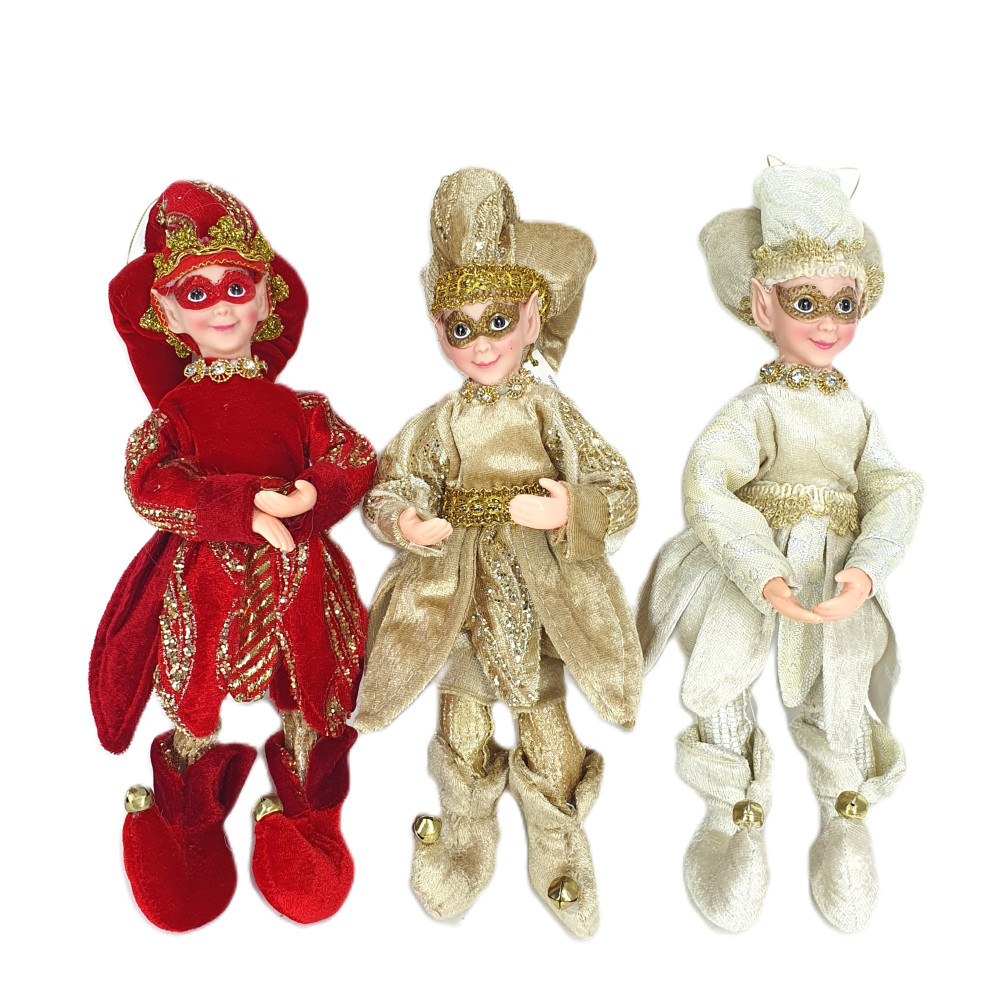 Elf siedzący w masce czerwony / złoty / kremowy 30cm 1 szt