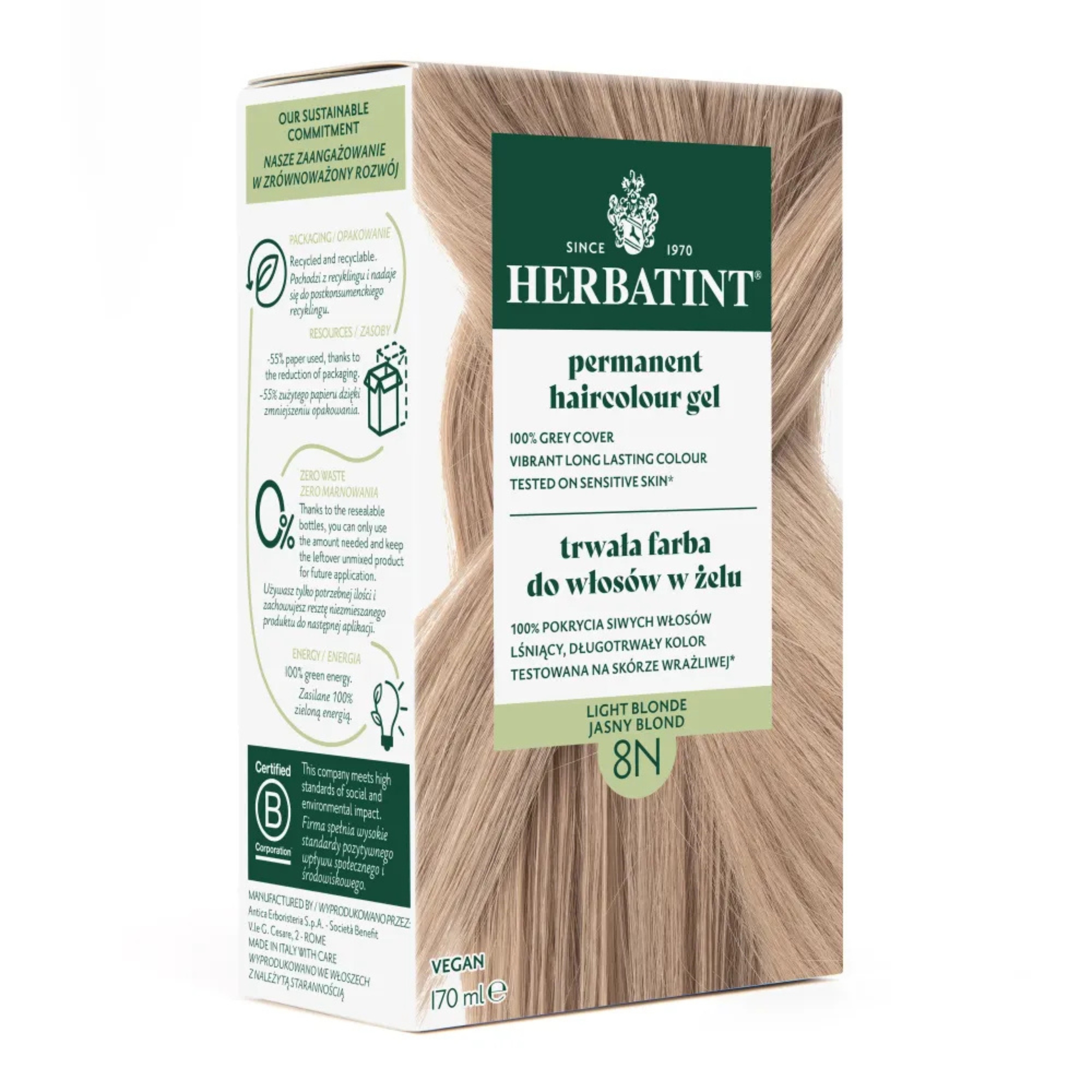 Herbatint - farba do włosów 8n, jasny blond, 170 ml
