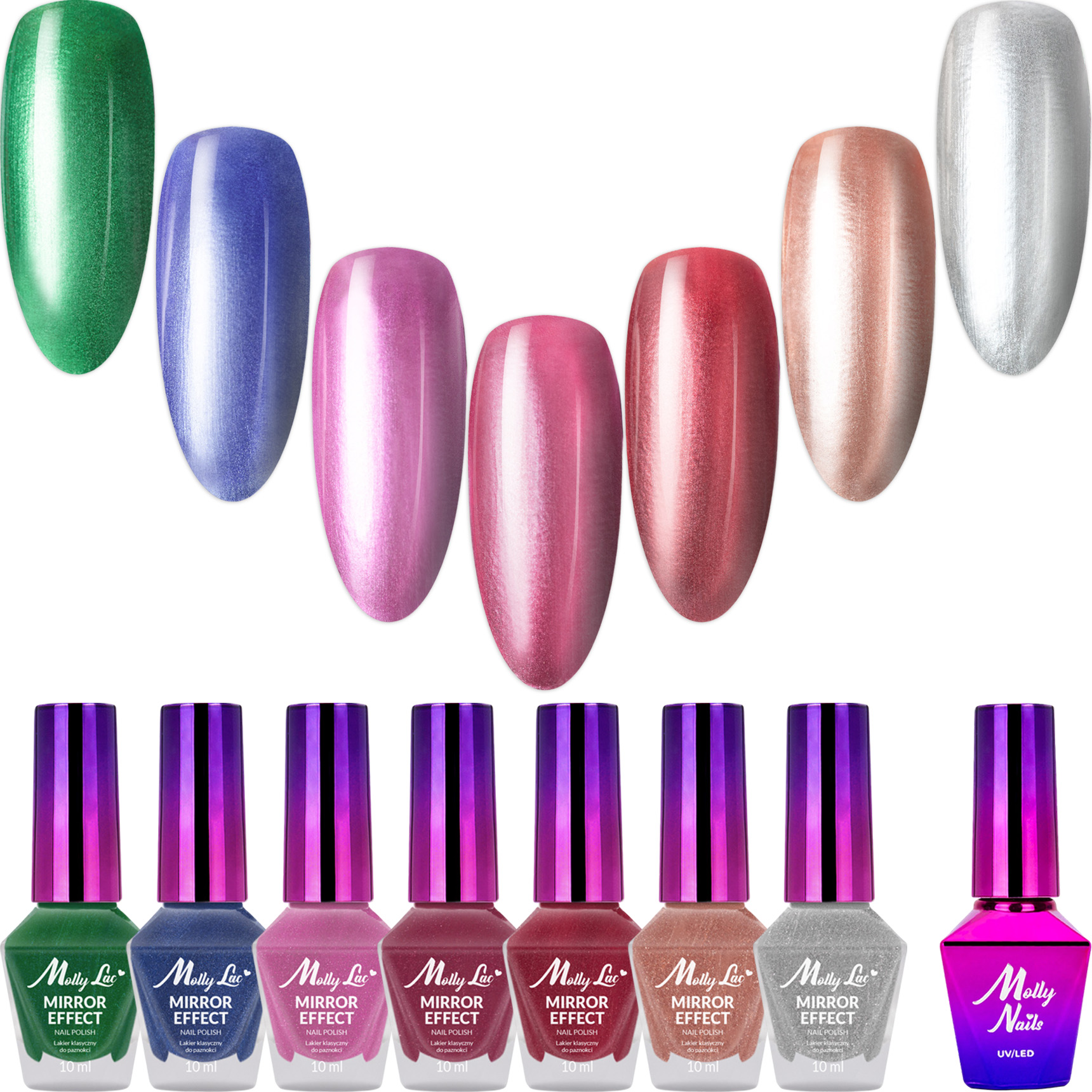 7x Lakier Klasyczny MOLLYLAC 10g Efekt Mirror Chrome Metalic Lustrzany + Top v1