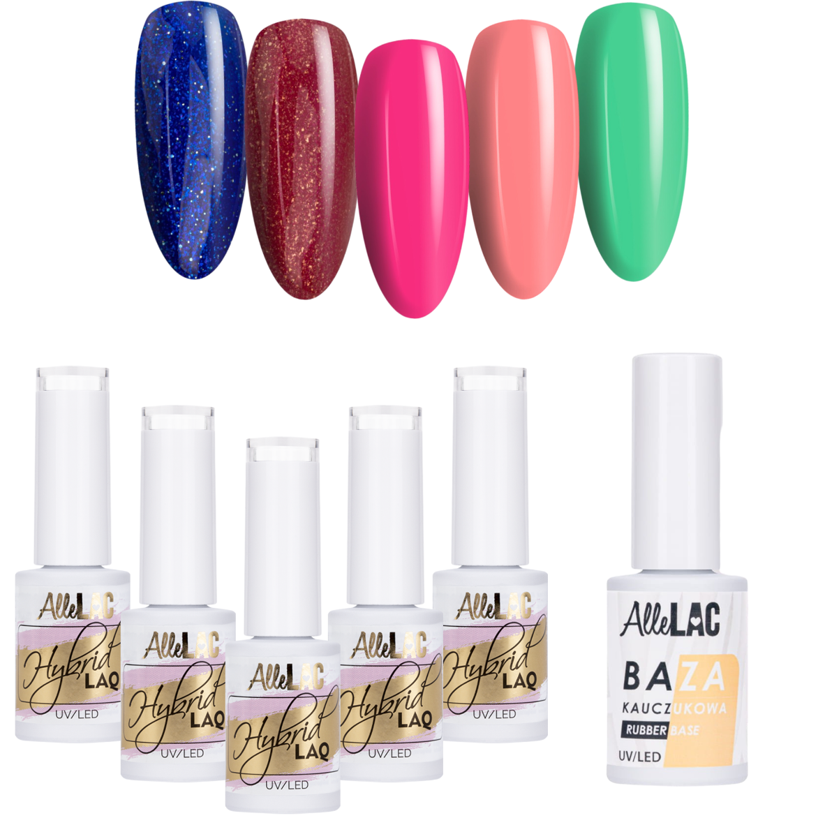 5x Lakier Hybrydowy ALLELAC 5g + Baza ZESTAW Do Paznokci