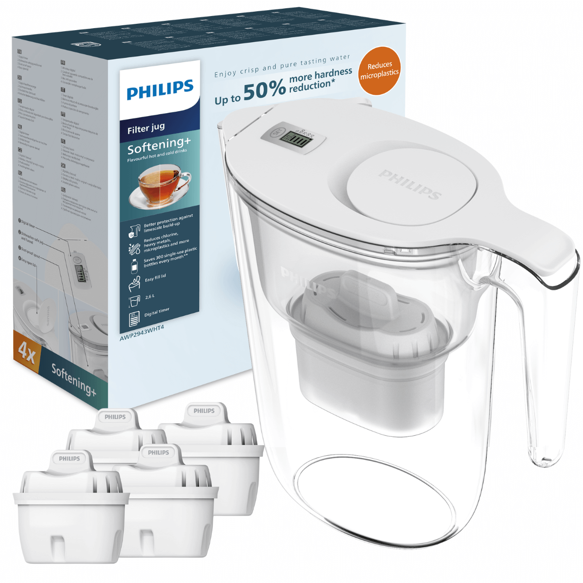 PHILIPS dzbanek 2,6 litra zmiękczający wodę AWP2943WHT4. Zestaw promocyjny z 4 filtrami.