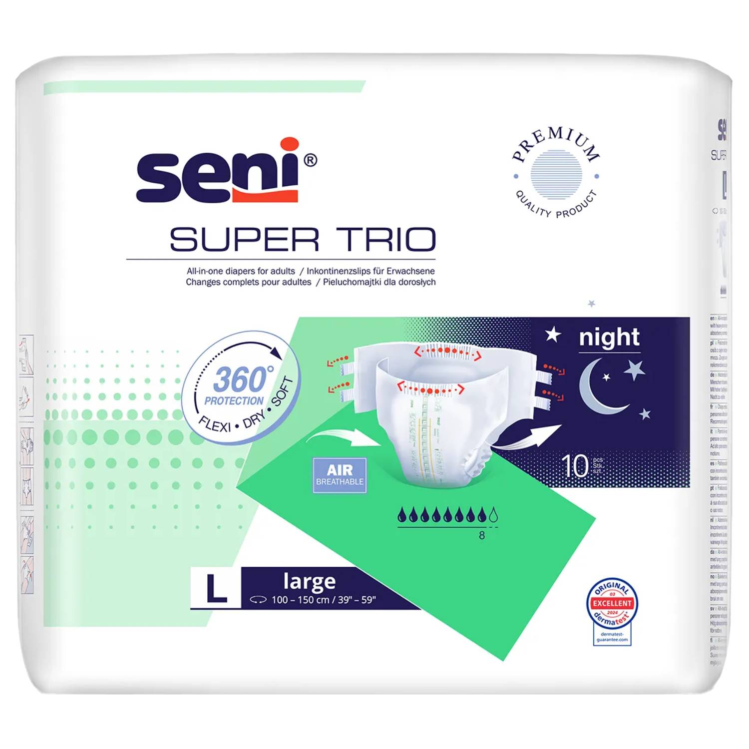 Seni super trio - pieluchomajtki na rzepy, rozmiar l, 100-150 cm, 10 sztuk