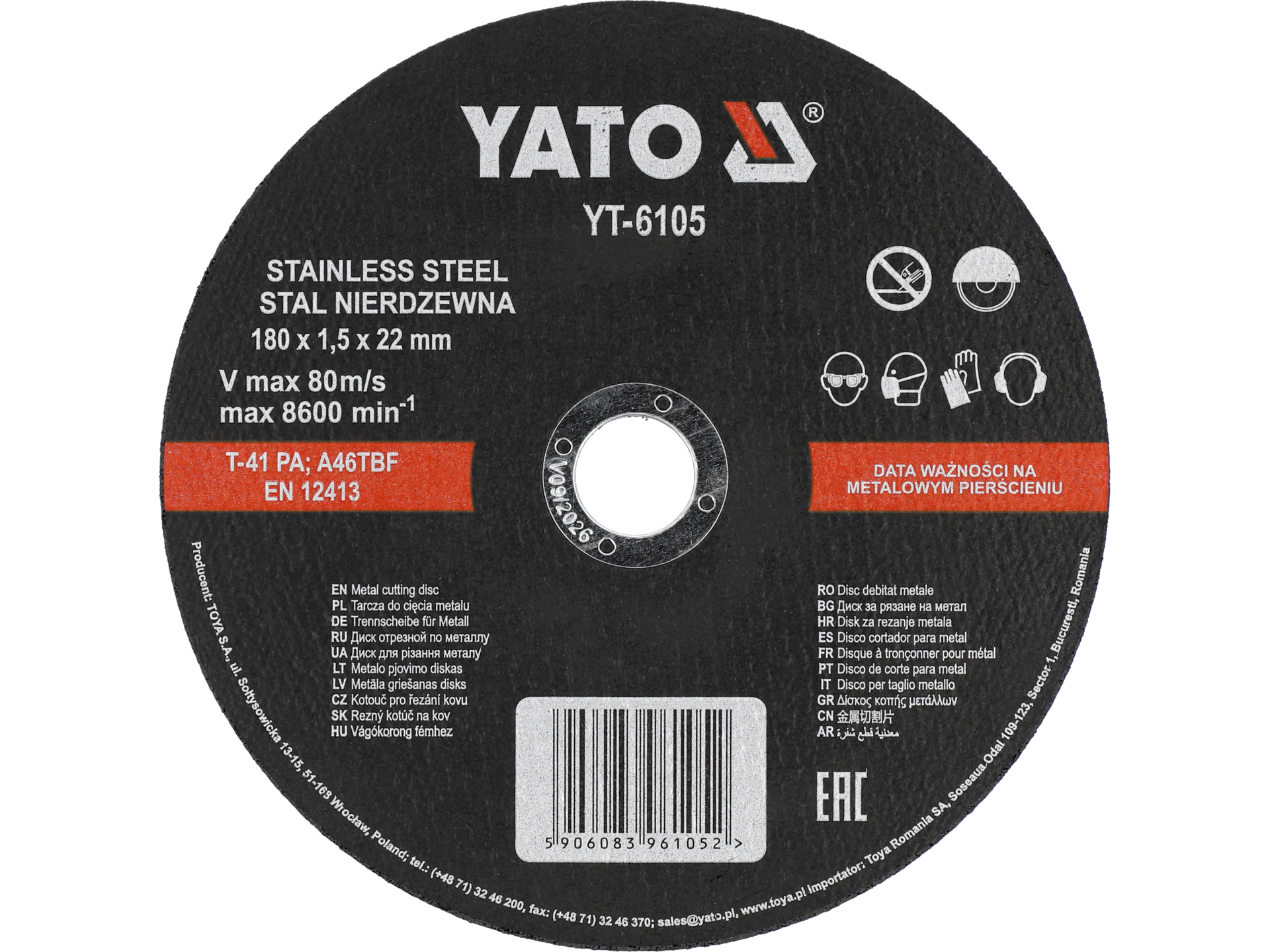 Tarcza tnąca YATO do stali nierdzewnej INOX 180x1.5x22.2mm YT-6105