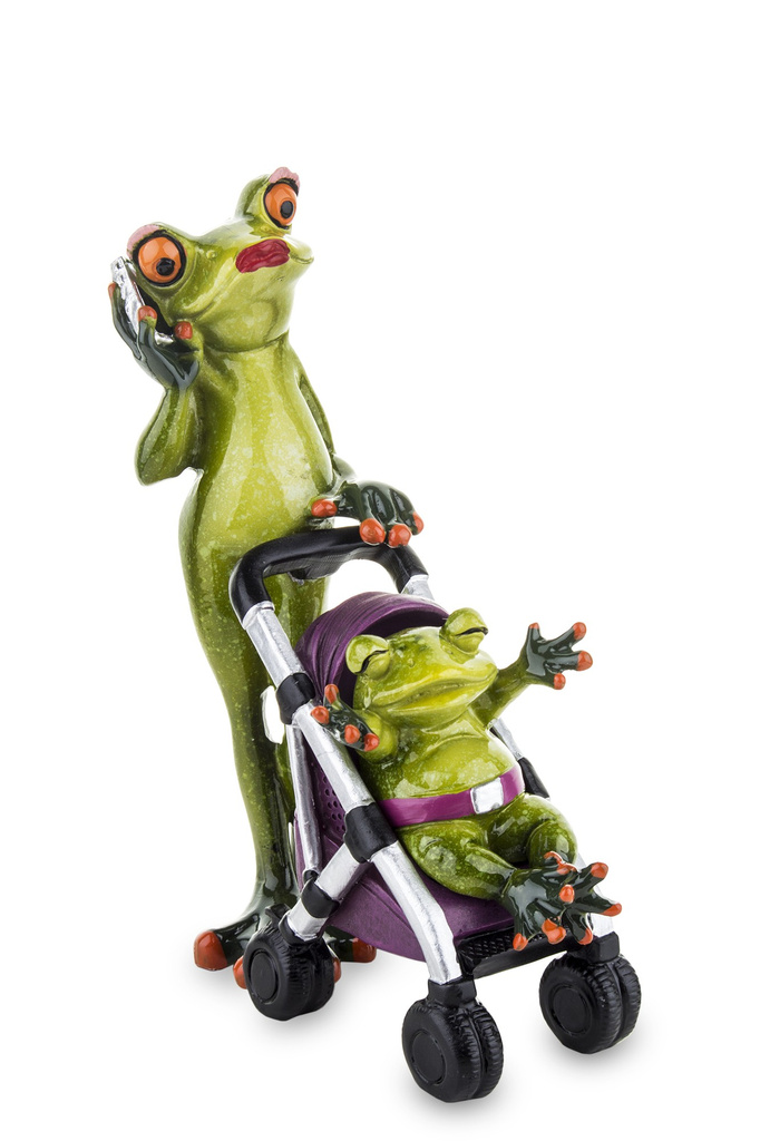 Figurka Żaba zielona z dzieckiem w wózku i telefonem 17cm
