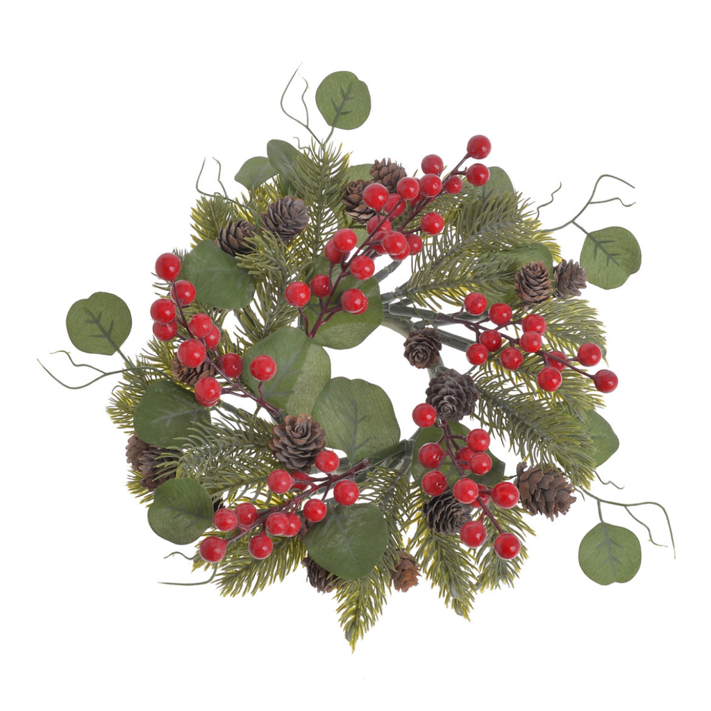 Wianek świerkowy z eukaliptusem, czerwone kuleczki, szyszki 30 cm