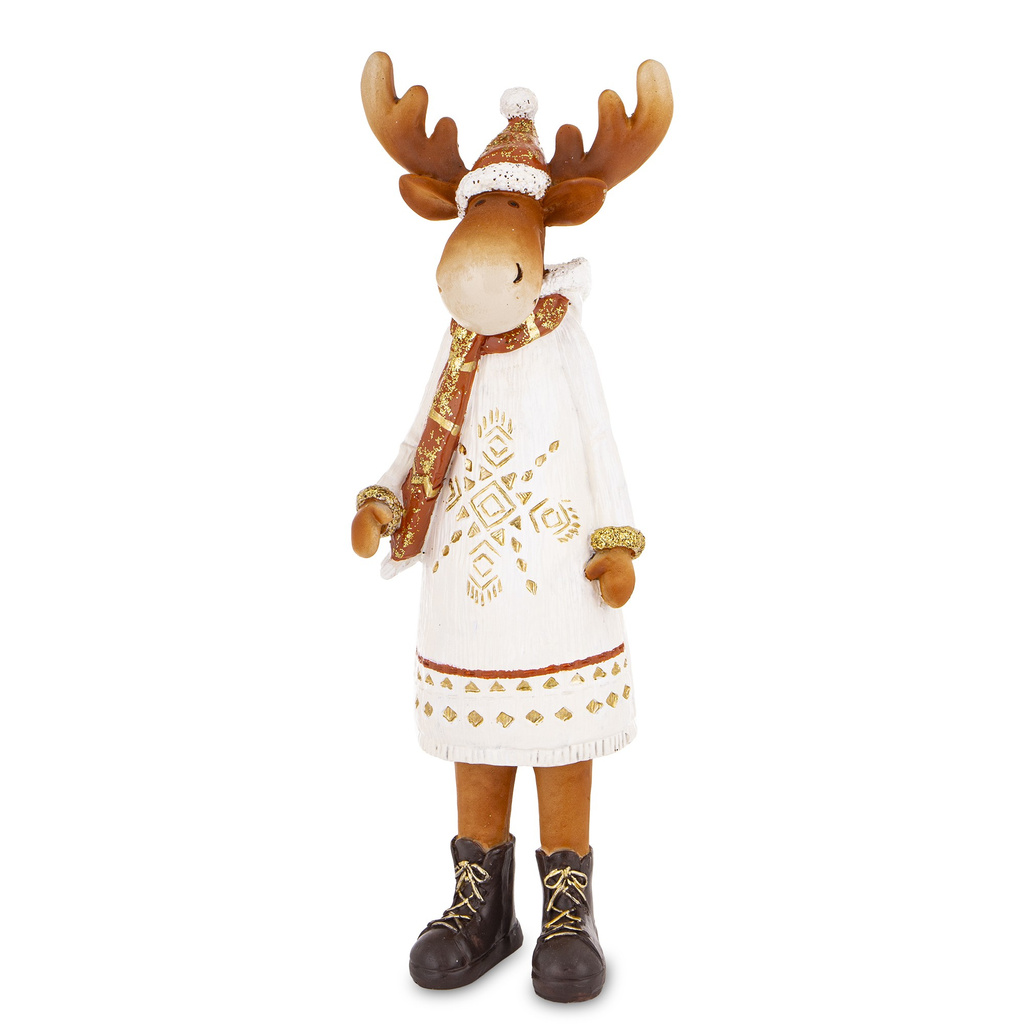 Figurka Renifer ONA, biała sukienka, brązowy szalik w czapce 33 cm