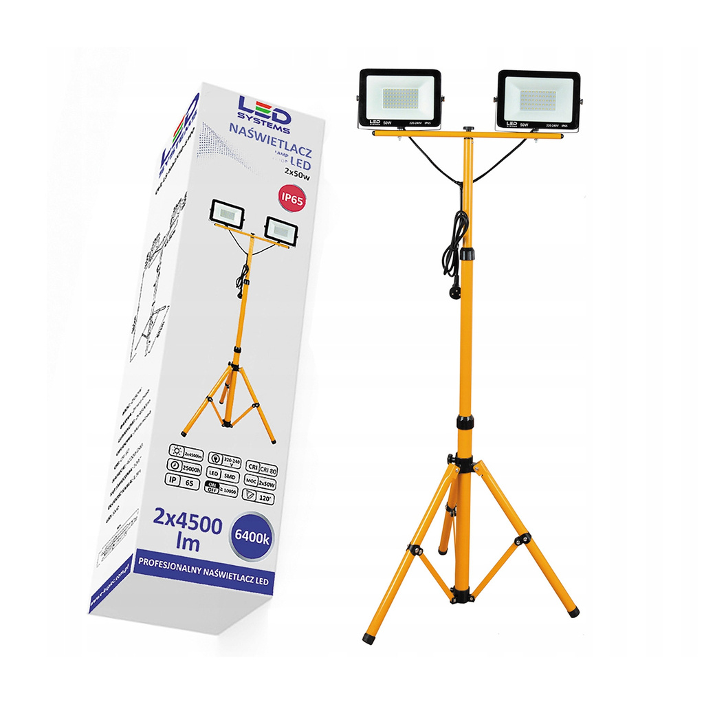 Naświetlacz LED na statywie 2 x 50 W 2 x 4500 lm