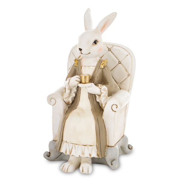 Figurka Królik ONA w kremowym fotelu ze złotą filiżanką 18cm
