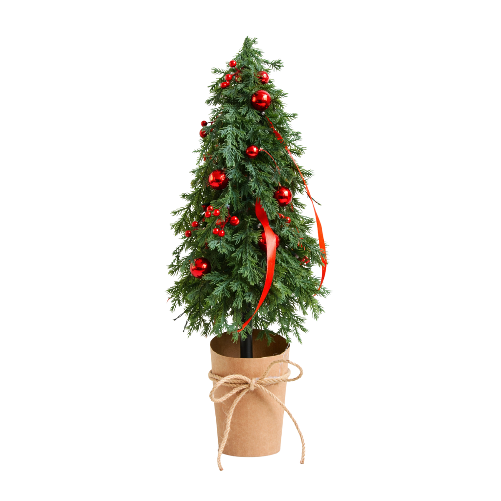 Choinka z czerwonymi bombkami i wstążką w doniczce 62 cm