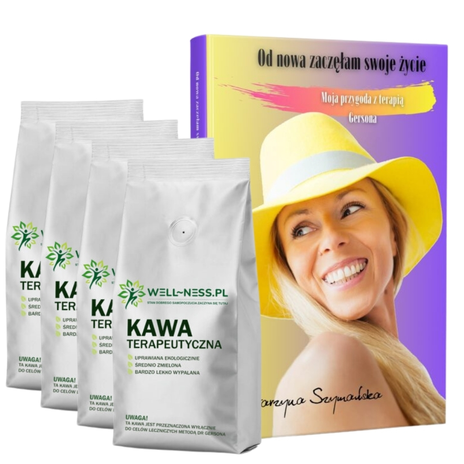 Zestaw 4x kawa organiczna do lewatyw 500g + książka "Moja przygoda z terapią Gersona" Katarzyny Szymańskiej
