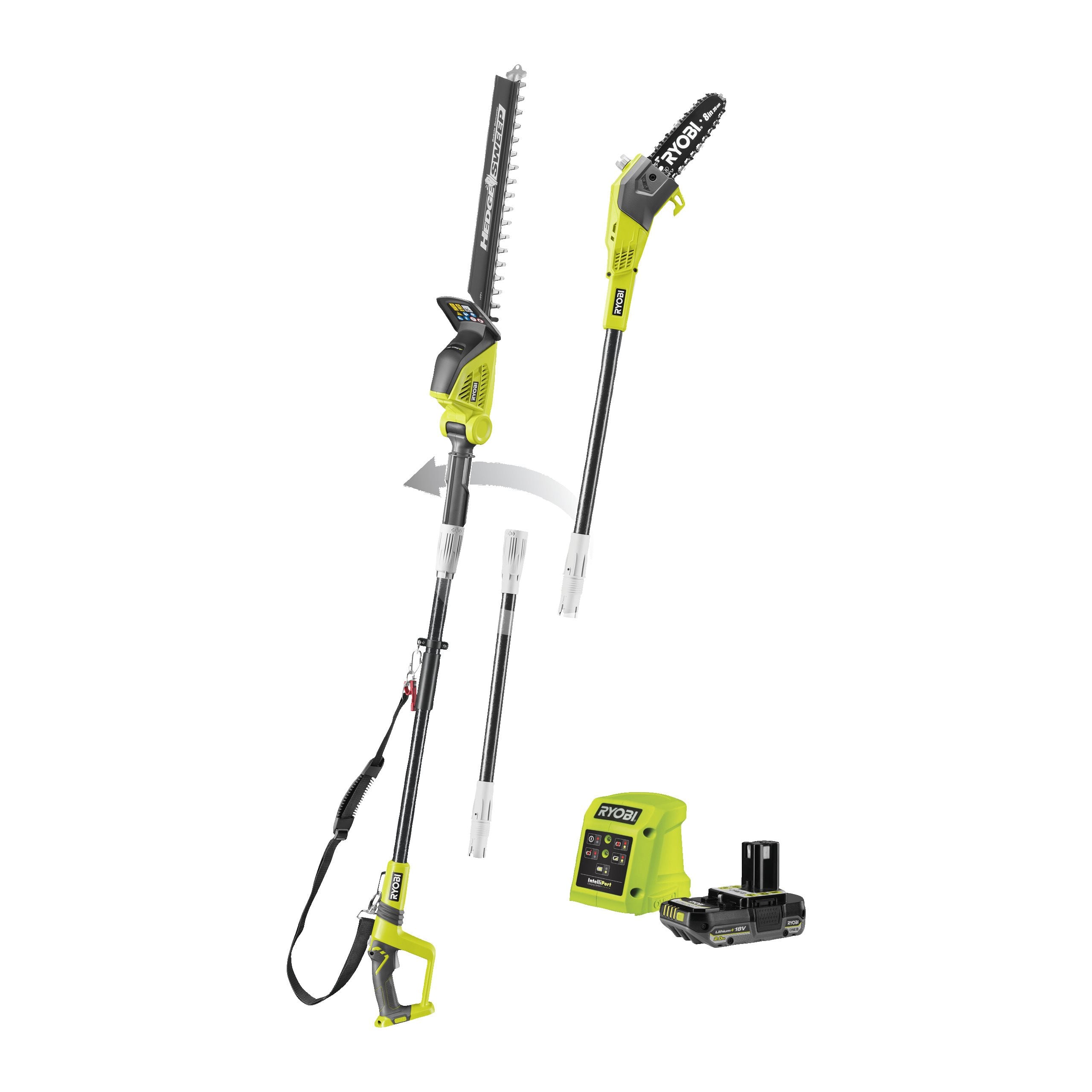 Piła na wysięgniku 20 cm ONE+ 18V i nożyce do żywopłotu na wysięgniku 45 cm z włókna szklanego w zestawie z akumulatorem 2.0Ah i ładowarką