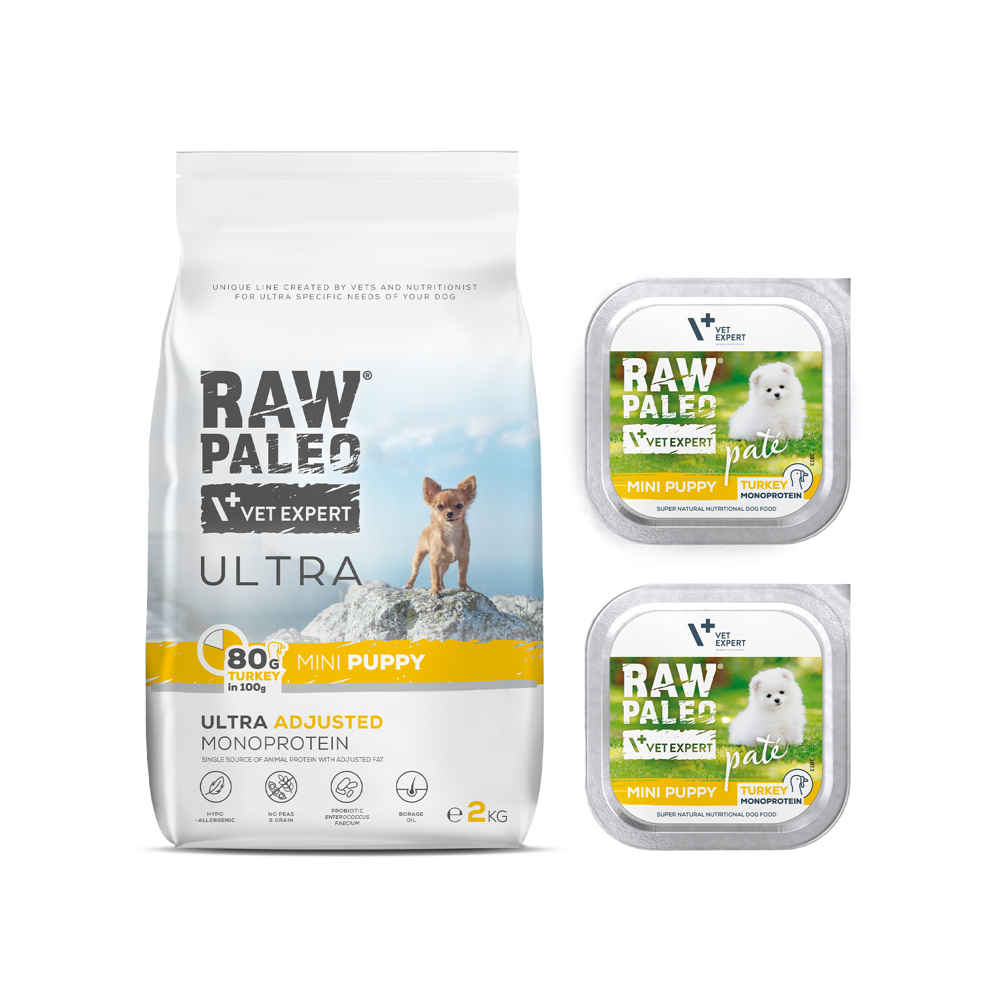 RAW PALEO ULTRA TURKEY MINI PUPPY 2kg i 2x TURKEY PATE tacka 150g - zestaw karmy z indykiem dla szczeniąt rasy małej