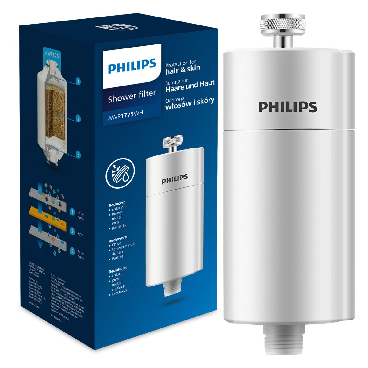 Filtr prysznicowy PHILIPS AWP1775WH kolor biały. Kąpiel i prysznic w czystej wodzie. Filtr wody do słuchawki prysznicowej.