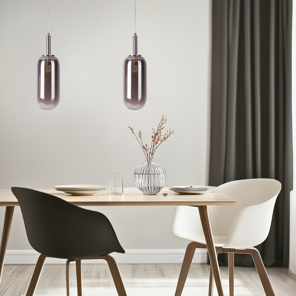 Srebrna lampa wisząca z podłużnym szklanym kloszem nad stół FIUGGI LED
