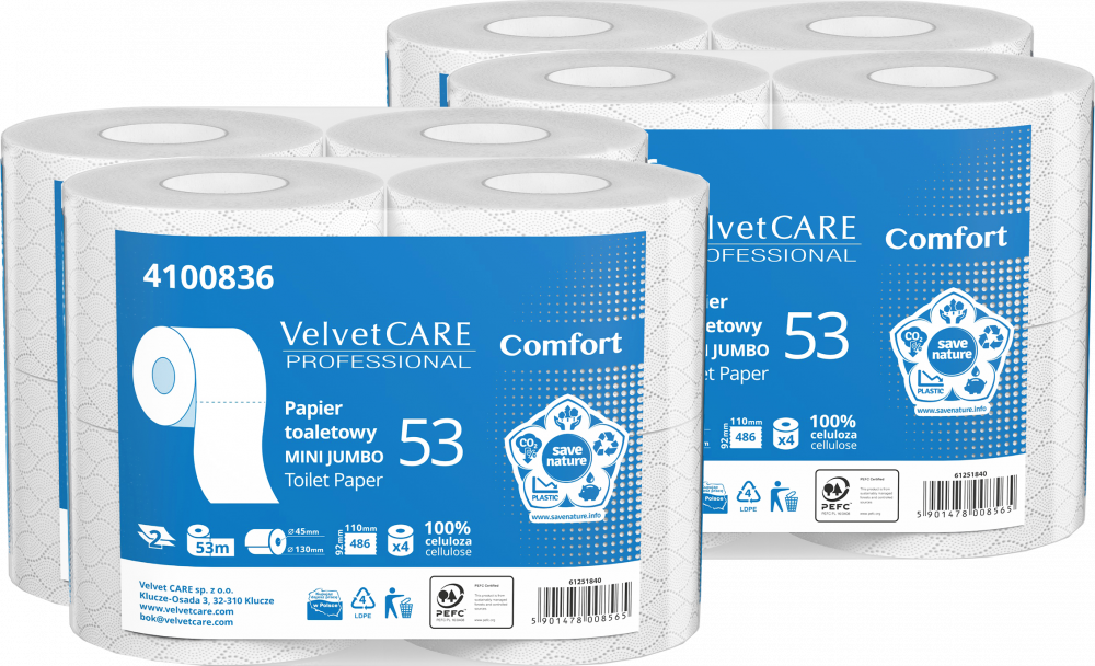 Papier toaletowy VelvetCARE Professional Mini Jumbo Comfort, 2-warstwowy, 53 m, 4 rolki, biały