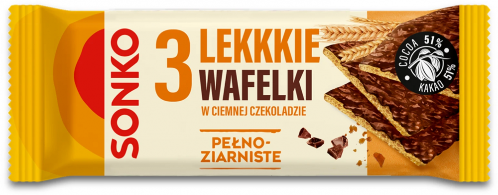 Lekkie wafelki Sonko pełnoziarniste w ciemnej czekoladzie 3 szt. 36 g
