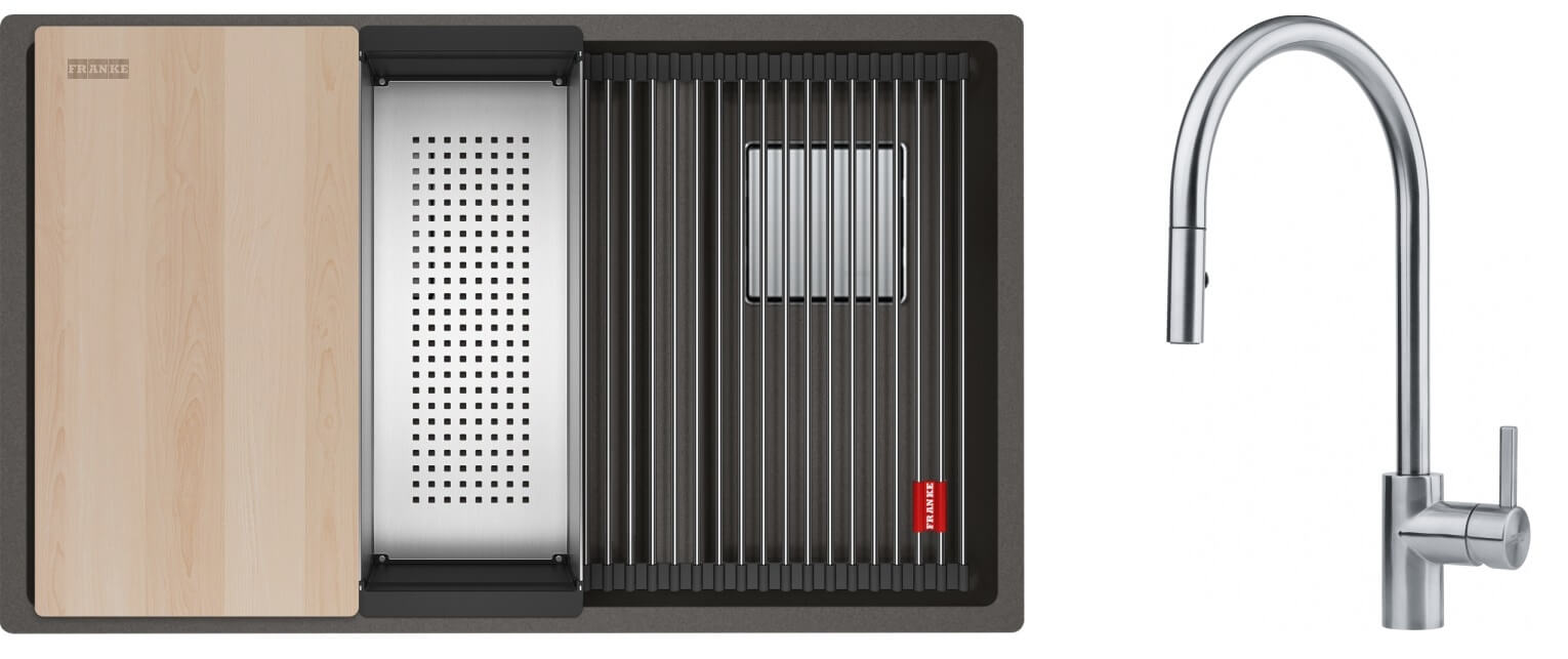 Zestaw Franke Kanon KNG PRO 160-46-21 zlewozmywak granitowy 76x46 cm łupkowy szary z baterią kuchenną stojącą z wyciąganą wylewką ...