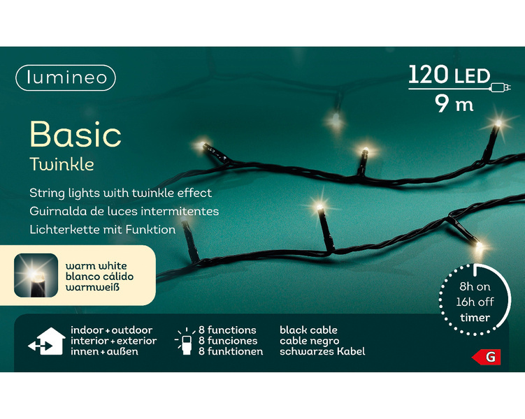 Lampki zewnętrzne 120Led 9m czarny/ ciepły biały Flesz 8funkcji
