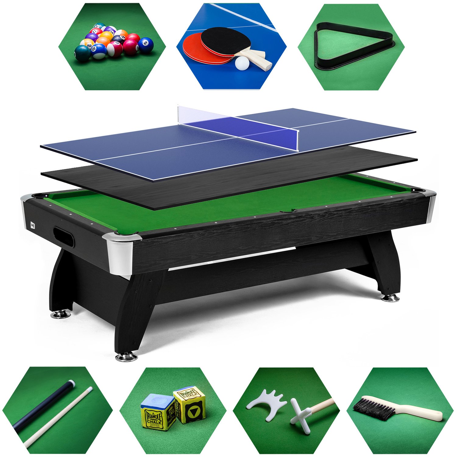 Biliardový stôl Vip Extra 8 FT čierno/zelený s nadstavcom ping-pong/doska